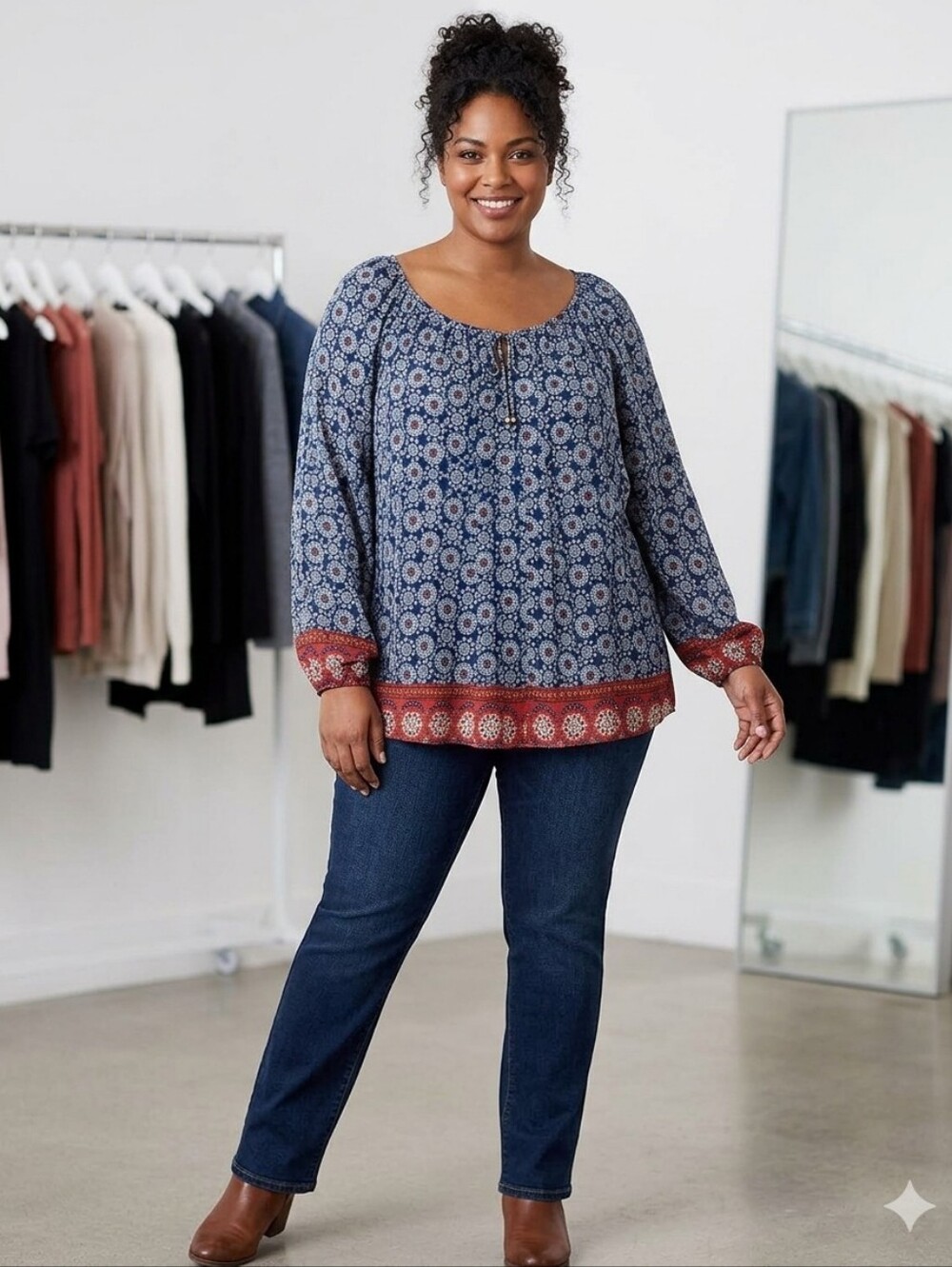 Sara Michelle Woman Navy Floral Peasant Top with Red Border Size 3x